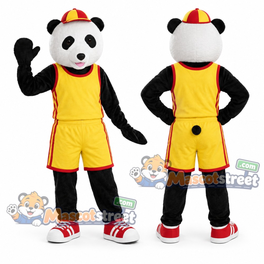 Panda Mascot Costume with Yellow Sports Uniform and Cap