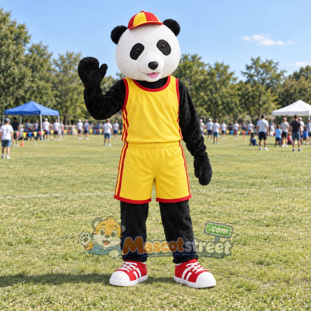 Panda Mascot Costume with Yellow Sports Uniform and Cap Panda Mascot Costume with Yellow Sports Uniform and Cap