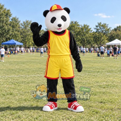 Panda Mascot Costume with Yellow Sports Uniform and Cap Panda Mascot Costume with Yellow Sports Uniform and Cap