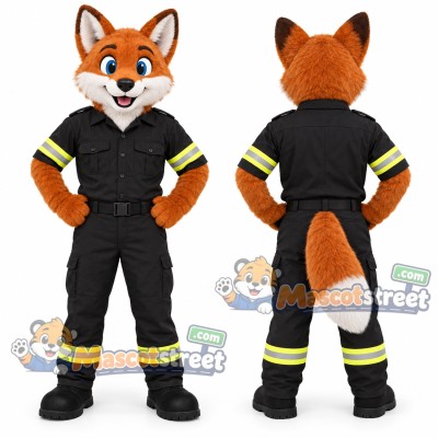 Orange Fox Firefighter Mascot Costume with Black Uniform Orange Fox Firefighter Mascot Costume with Black Uniform