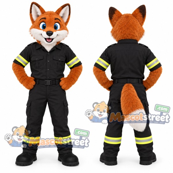 Orange Fox Firefighter Mascot Costume with Black Uniform