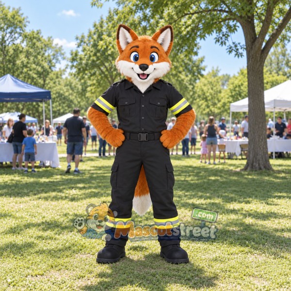 Orange Fox Firefighter Mascot Costume with Black Uniform