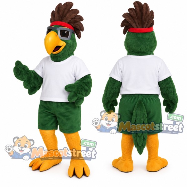 Green Parrot Mascot Costume with White Shirt and Sunglasses