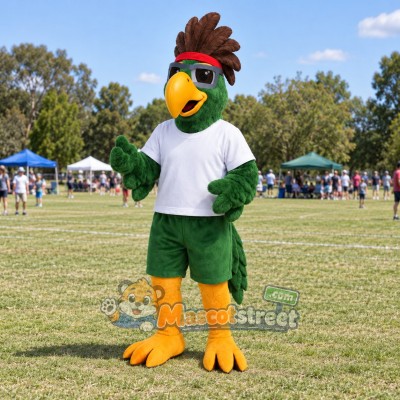 Green Parrot Mascot Costume with White Shirt and Sunglasses Green Parrot Mascot Costume with White Shirt and Sunglasses