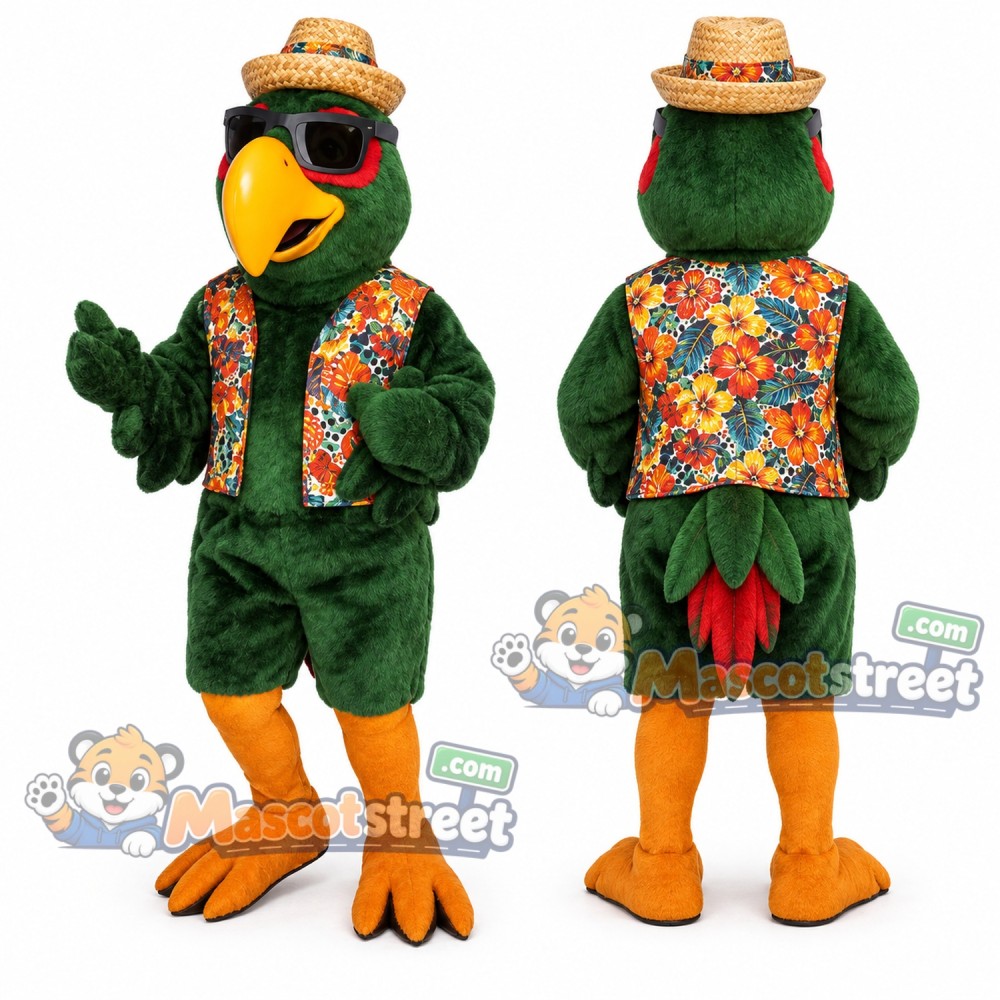 Green Parrot Mascot Costume with Floral Shirt, Straw Hat and Sunglasses
