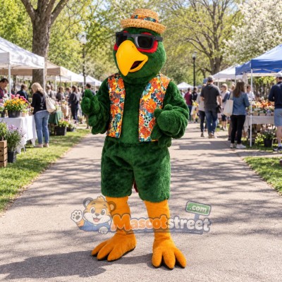 Green Parrot Mascot Costume with Floral Shirt, Straw Hat and Sunglasses Green Parrot Mascot Costume with Floral Shirt, Straw Hat and Sunglasses