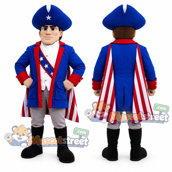 Patriot Mascot Costume with Blue Coat and Striped Cape