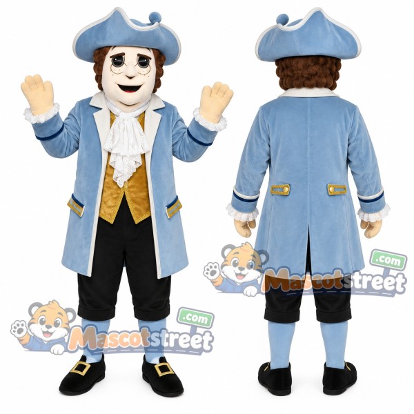 Colonial Man Mascot Costume with Light Blue Coat and Tricorn Hat