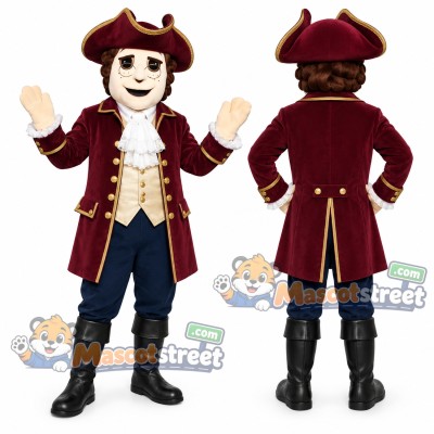 Colonial Man Mascot Costume with Burgundy Coat and Tricorn Hat Colonial Man Mascot Costume with Burgundy Coat and Tricorn Hat