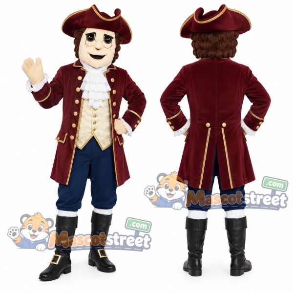 Colonial Man Mascot Costume with Burgundy Coat and Tricorn Hat