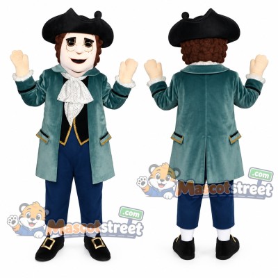 Colonial Man Mascot Costume with Green Coat and Black Hat