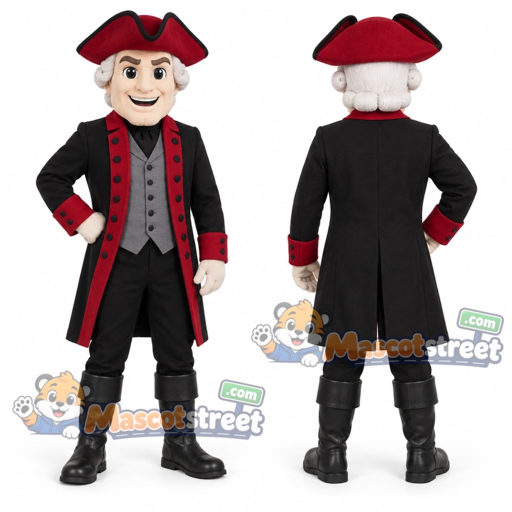 Colonial Man Mascot Costume with Black Coat and Red Tricorn Hat