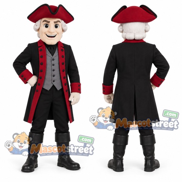 Colonial Man Mascot Costume with Black Coat and Red Tricorn Hat