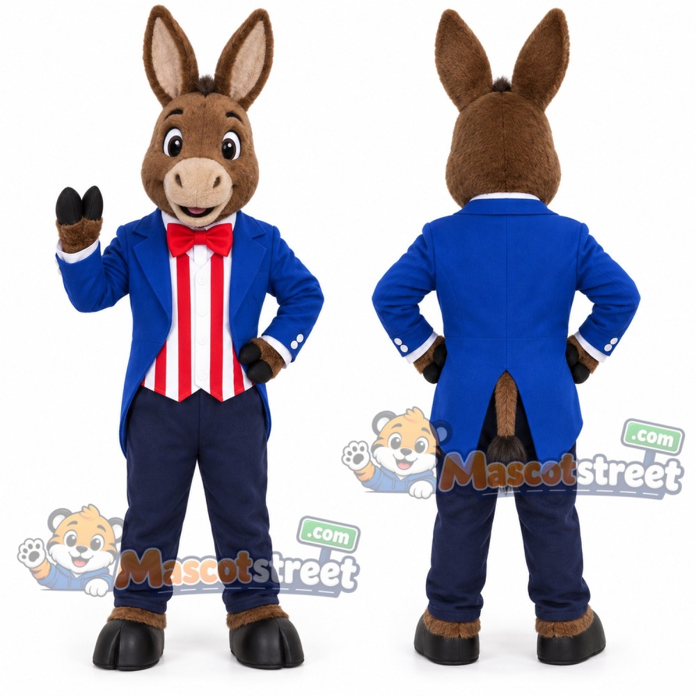 Brown Donkey Mascot Costume with Blue Jacket and Red Striped Shirt Brown Donkey Mascot Costume with Blue Jacket and Red Striped Shirt