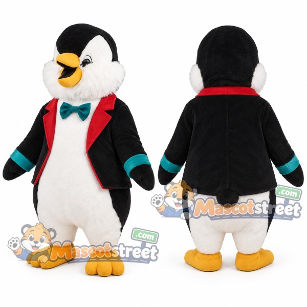 Penguin Mascot Costume with Black Jacket and Green Bow Tie