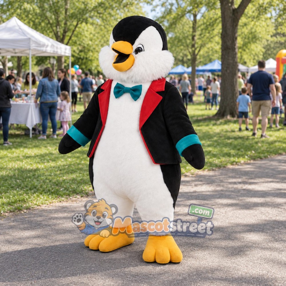 Penguin Mascot Costume with Black Jacket and Green Bow Tie Penguin Mascot Costume with Black Jacket and Green Bow Tie