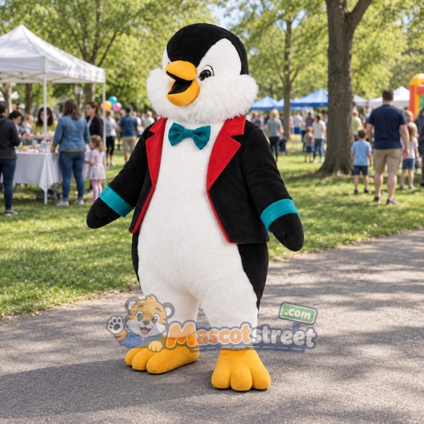 Penguin Mascot Costume with Black Jacket and Green Bow Tie