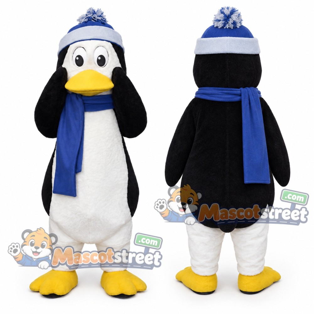Penguin Mascot Costume with Blue Scarf and Winter Hat