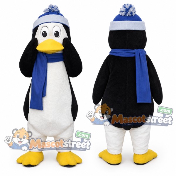 Penguin Mascot Costume with Blue Scarf and Winter Hat