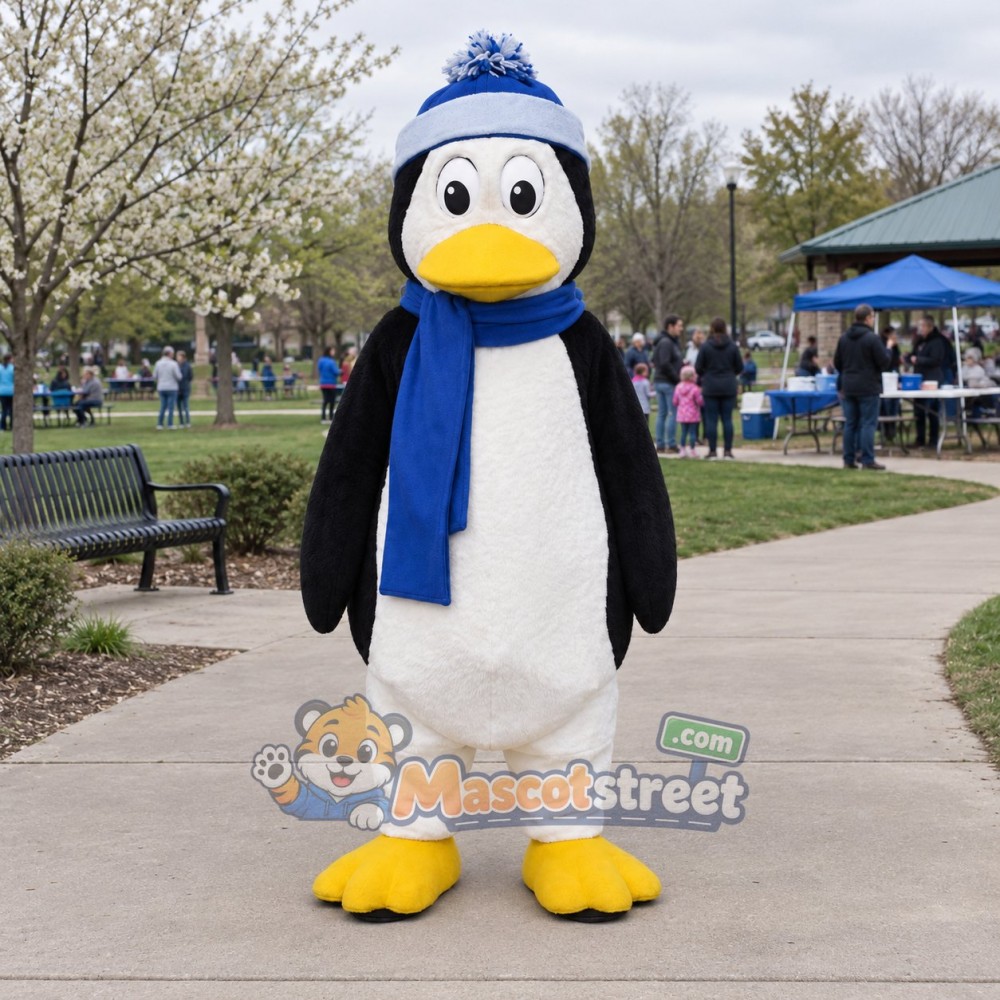 Penguin Mascot Costume with Blue Scarf and Winter Hat Penguin Mascot Costume with Blue Scarf and Winter Hat