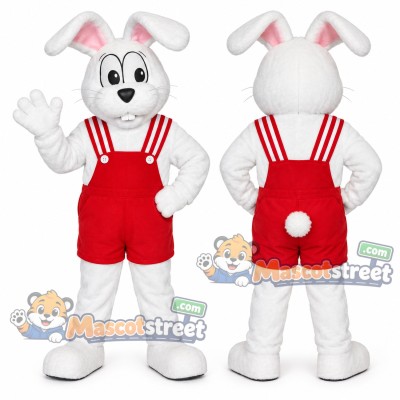 White Rabbit Mascot Costume with Red Overalls White Rabbit Mascot Costume with Red Overalls
