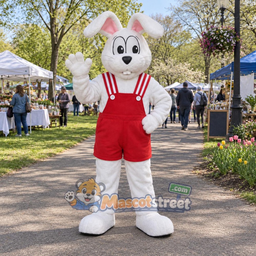 White Rabbit Mascot Costume with Red Overalls White Rabbit Mascot Costume with Red Overalls