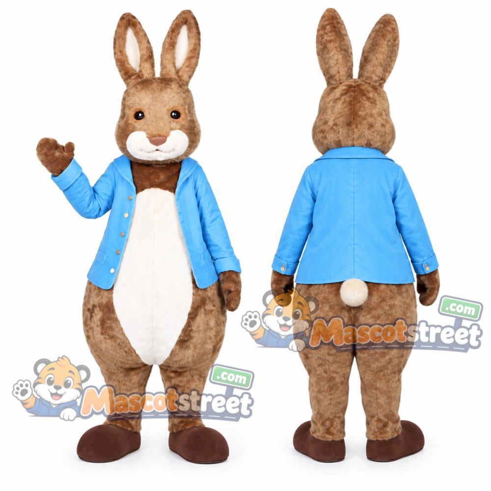 Brown Rabbit Mascot Costume with Blue Jacket Brown Rabbit Mascot Costume with Blue Jacket