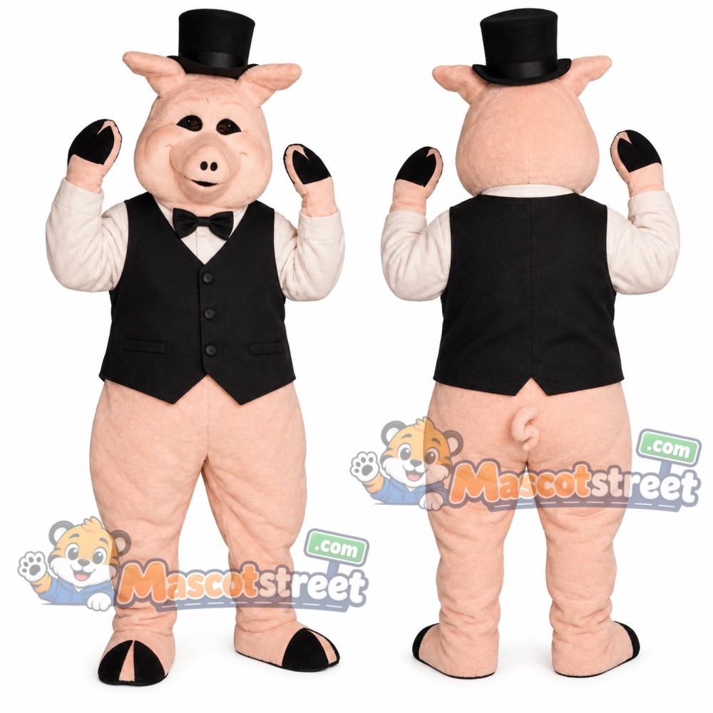 Pink Pig Mascot Costume with Black Vest and Top Hat Pink Pig Mascot Costume with Black Vest and Top Hat
