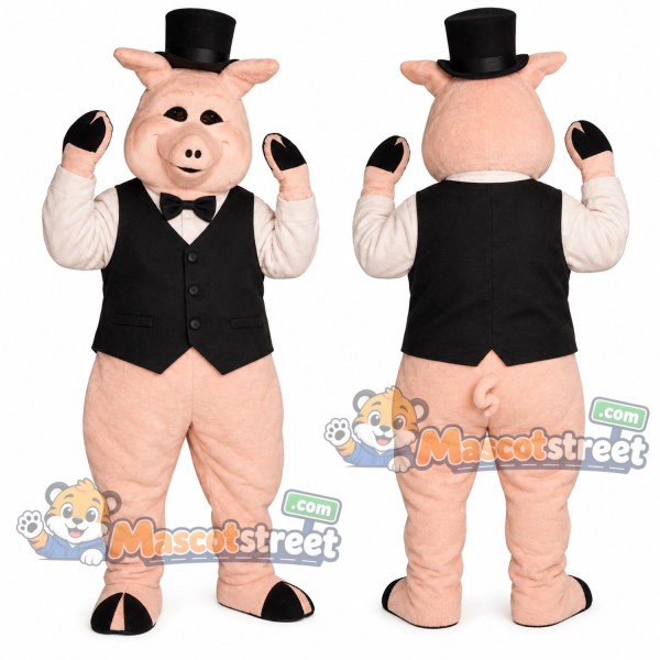 Pink Pig Mascot Costume with Black Vest and Top Hat