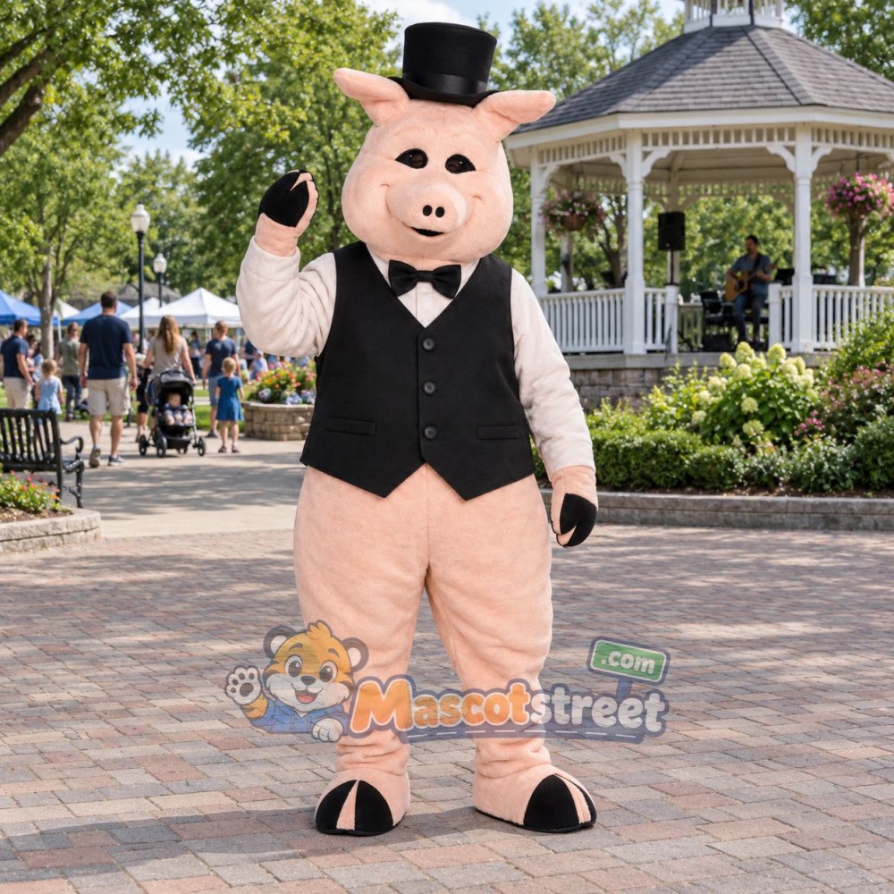 Pink Pig Mascot Costume with Black Vest and Top Hat Pink Pig Mascot Costume with Black Vest and Top Hat