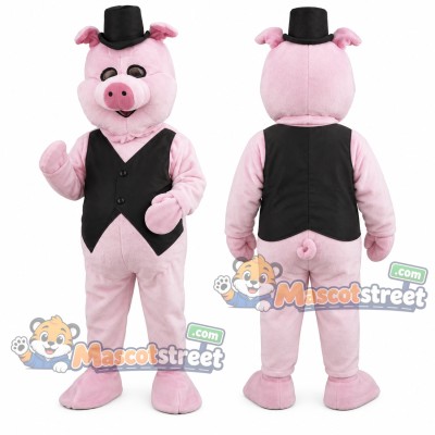 Pink Pig Mascot Costume with Black Vest and Top Hat Pink Pig Mascot Costume with Black Vest and Top Hat
