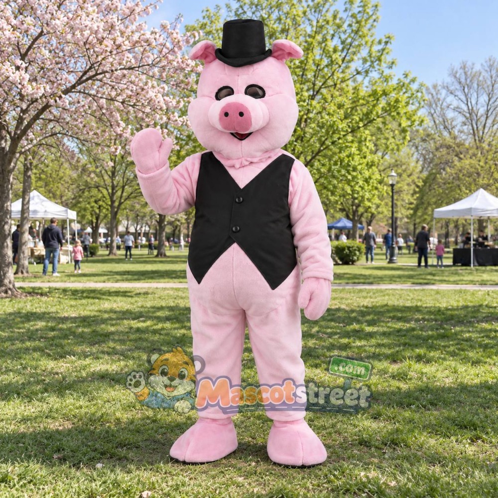 Pink Pig Mascot Costume with Black Vest and Top Hat Pink Pig Mascot Costume with Black Vest and Top Hat