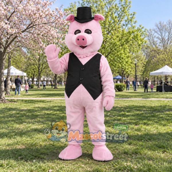 Pink Pig Mascot Costume with Black Vest and Top Hat