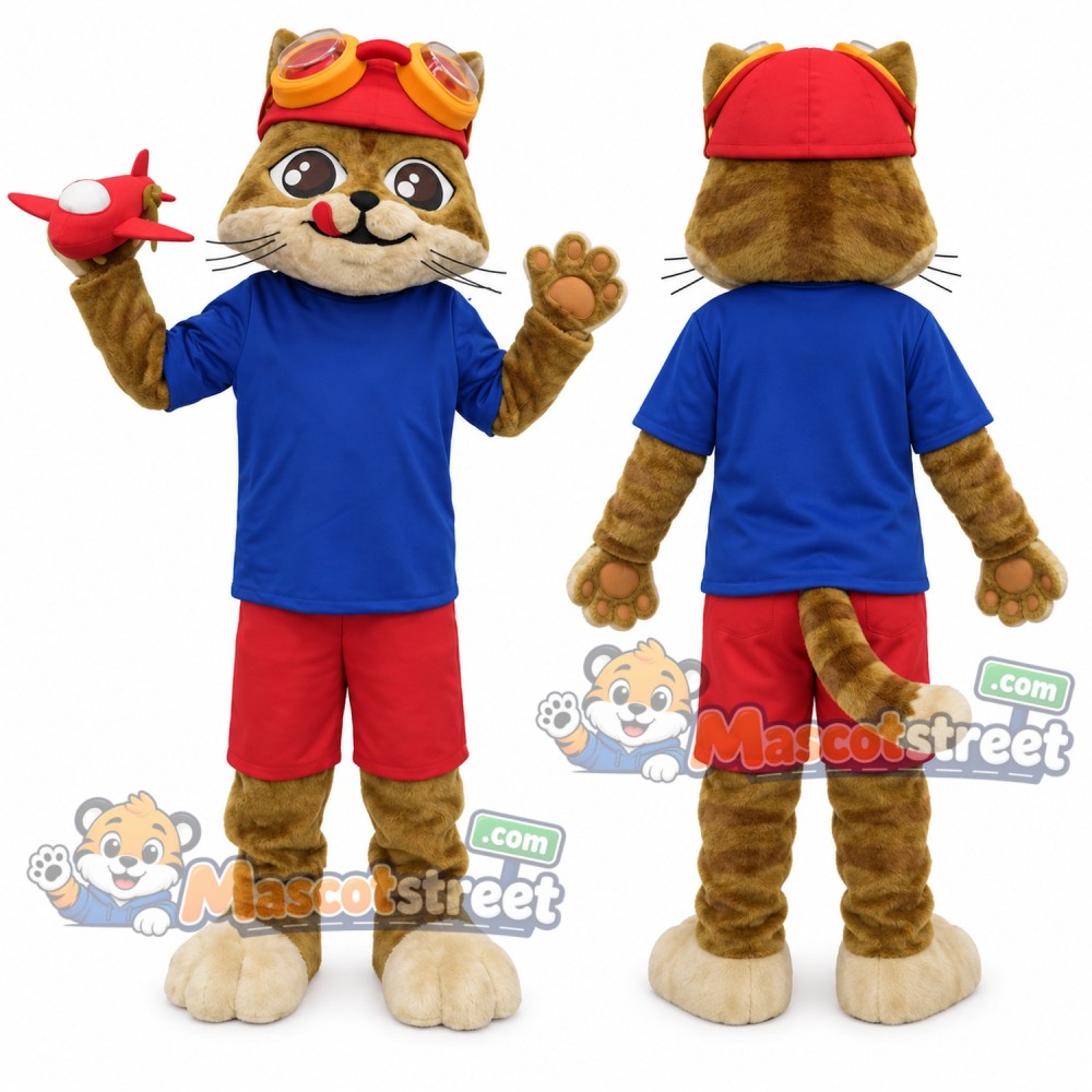 Brown Cat Pilot Mascot Costume with Blue Shirt, Red Shorts and Cap