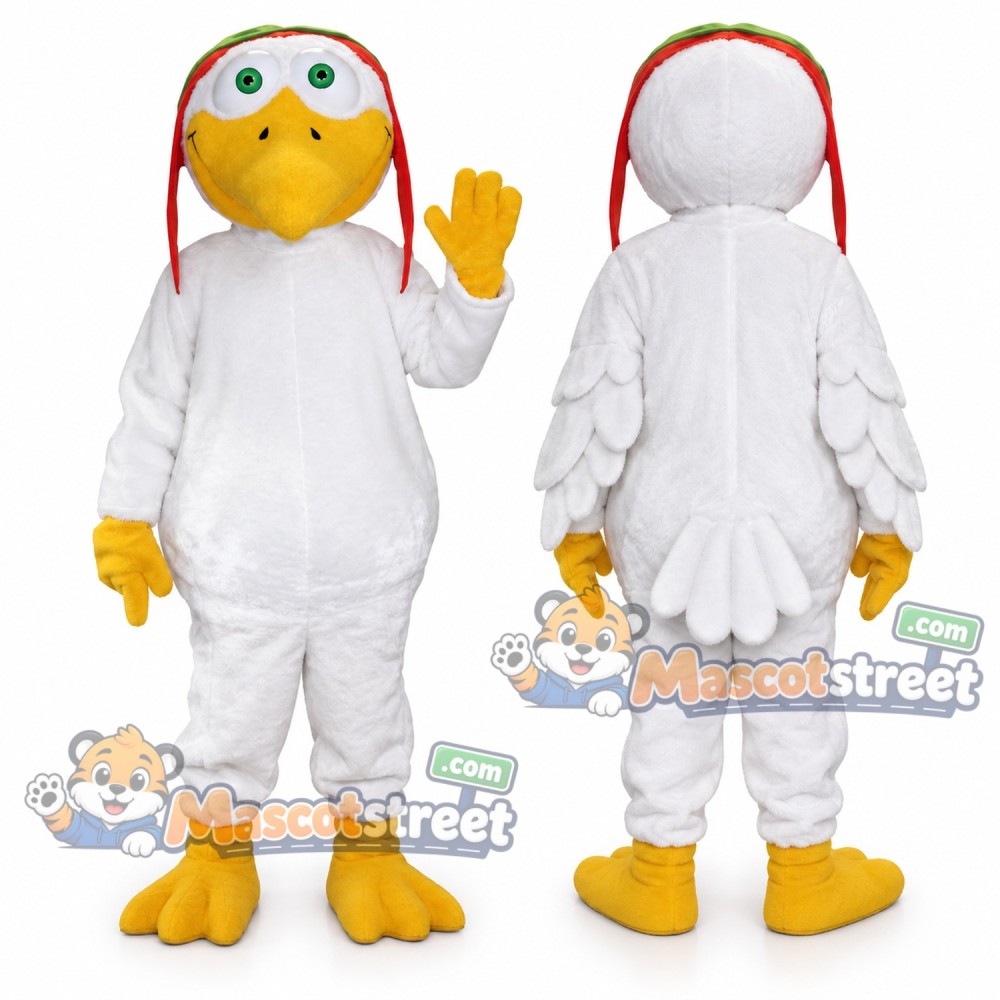 White Seagull Mascot Costume with Aviator Cap and Goggles