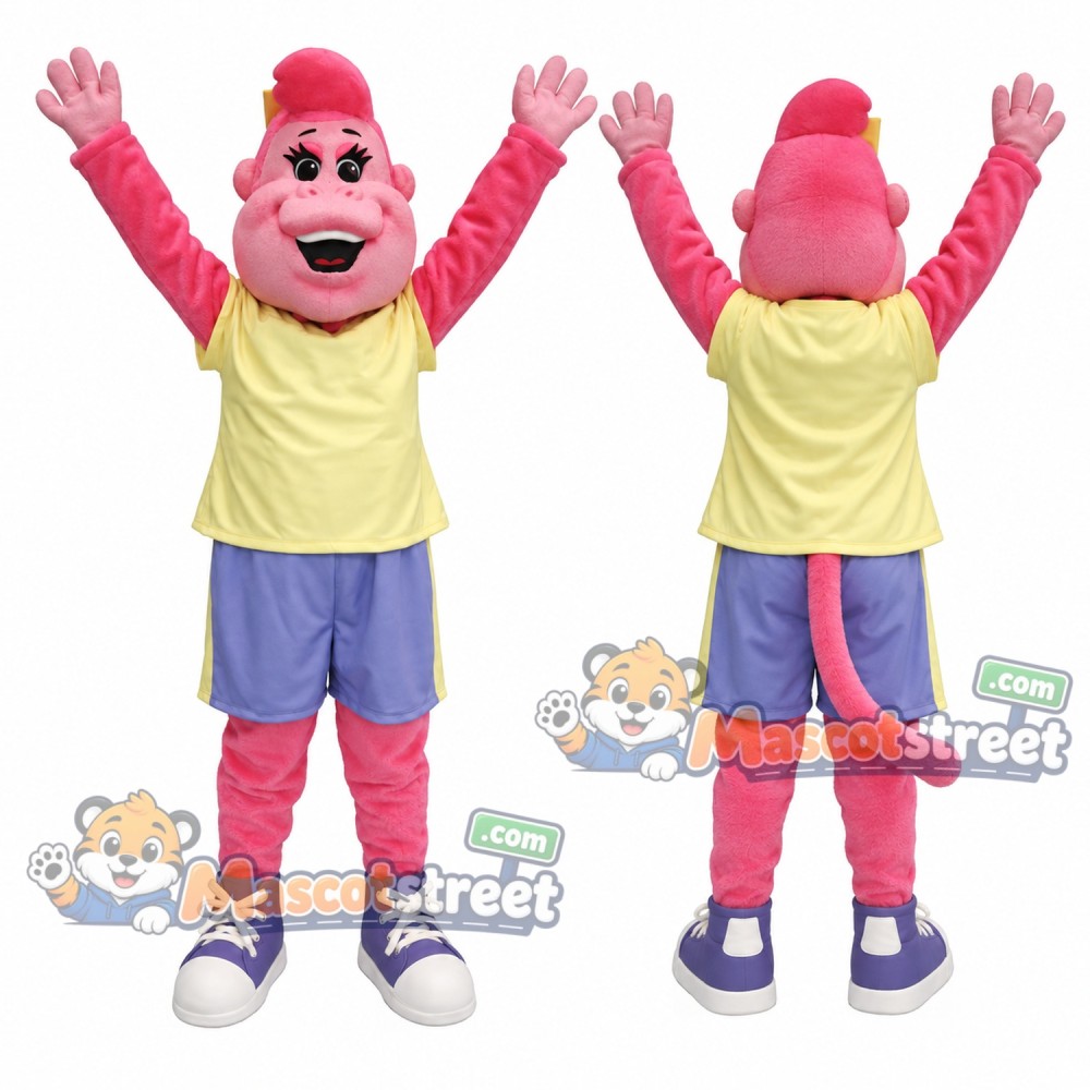Pink Monkey Mascot Costume with Yellow Shirt and Blue Shorts Pink Monkey Mascot Costume with Yellow Shirt and Blue Shorts