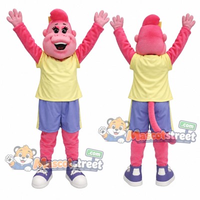 Pink Monkey Mascot Costume with Yellow Shirt and Blue Shorts Pink Monkey Mascot Costume with Yellow Shirt and Blue Shorts