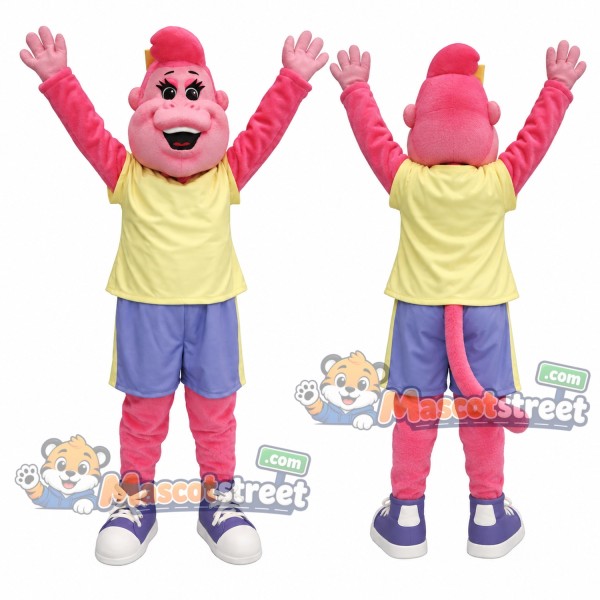 Pink Monkey Mascot Costume with Yellow Shirt and Blue Shorts