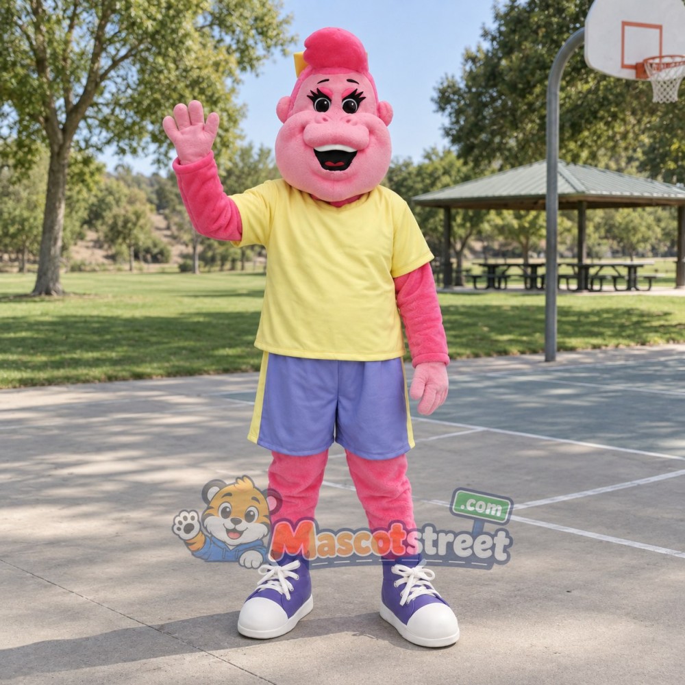 Pink Monkey Mascot Costume with Yellow Shirt and Blue Shorts Pink Monkey Mascot Costume with Yellow Shirt and Blue Shorts
