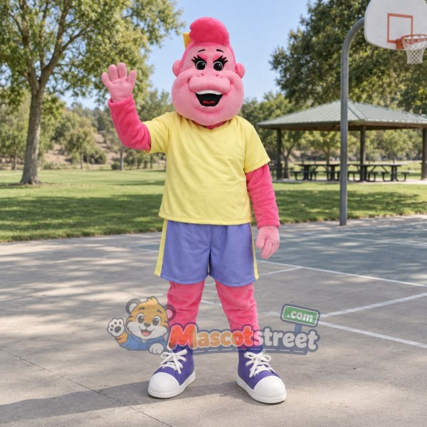 Pink Monkey Mascot Costume with Yellow Shirt and Blue Shorts