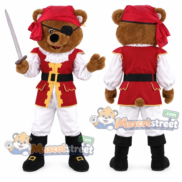Brown Bear Pirate Mascot Costume with Red Vest, White Pants and Bandana