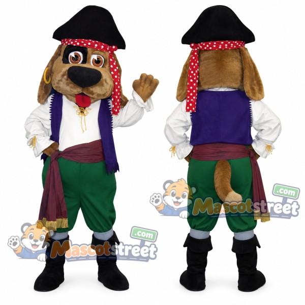 Brown Dog Pirate Mascot Costume with Purple Vest, Green Pants and Black Hat