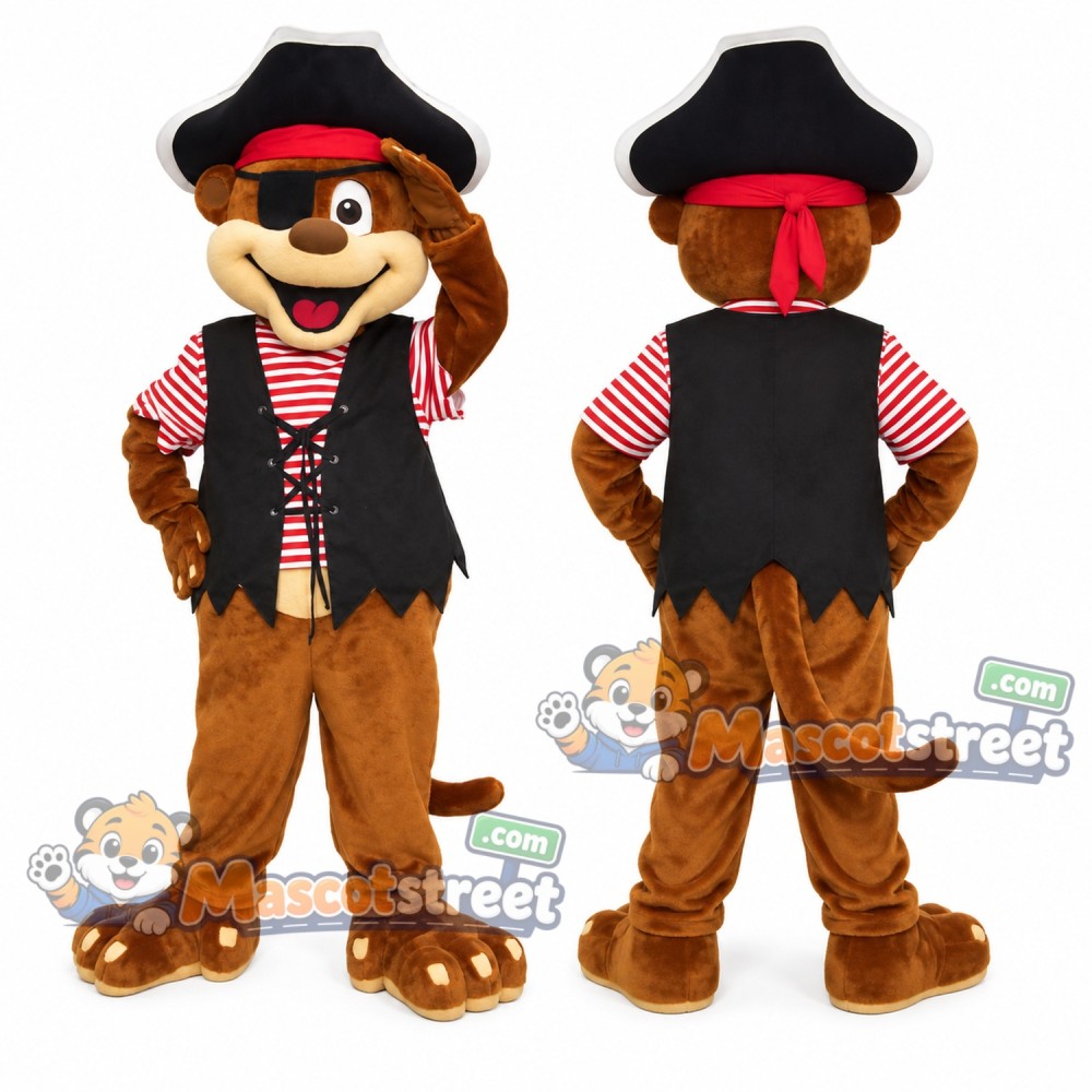 Brown Monkey Pirate Mascot Costume with Black Vest and Hat