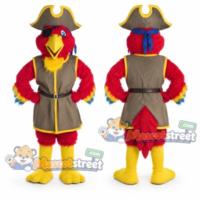 Red Parrot Pirate Mascot Costume with Brown Coat and Tricorn Hat