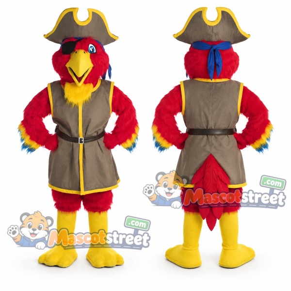 Red Parrot Pirate Mascot Costume with Brown Coat and Tricorn Hat