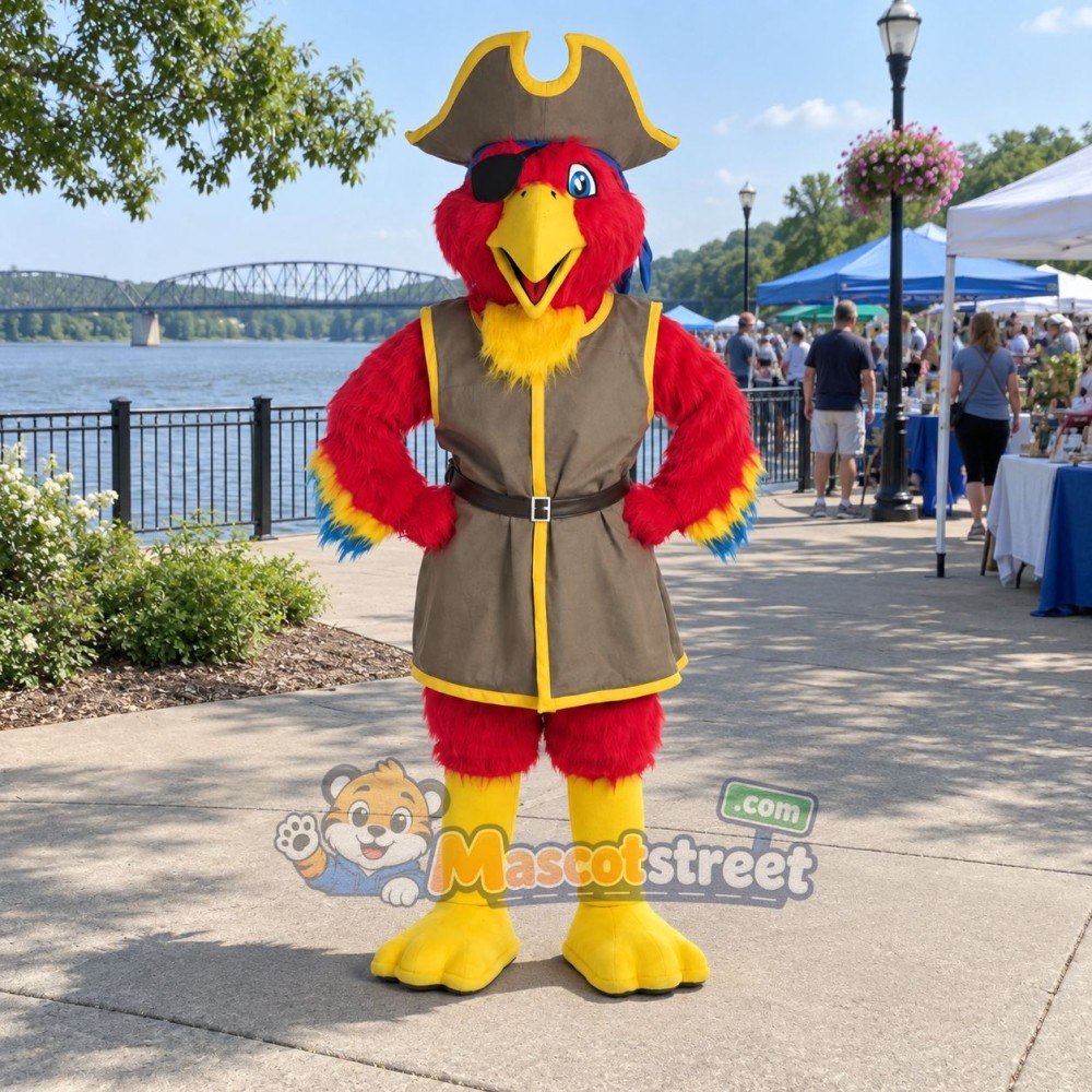 Red Parrot Pirate Mascot Costume with Brown Coat and Tricorn Hat Red Parrot Pirate Mascot Costume with Brown Coat and Tricorn Hat