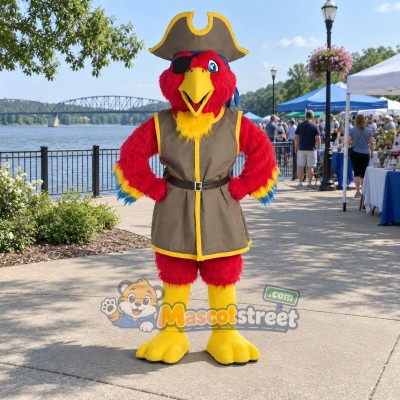 Red Parrot Pirate Mascot Costume with Brown Coat and Tricorn Hat Red Parrot Pirate Mascot Costume with Brown Coat and Tricorn Hat