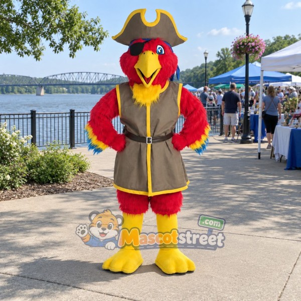 Red Parrot Pirate Mascot Costume with Brown Coat and Tricorn Hat