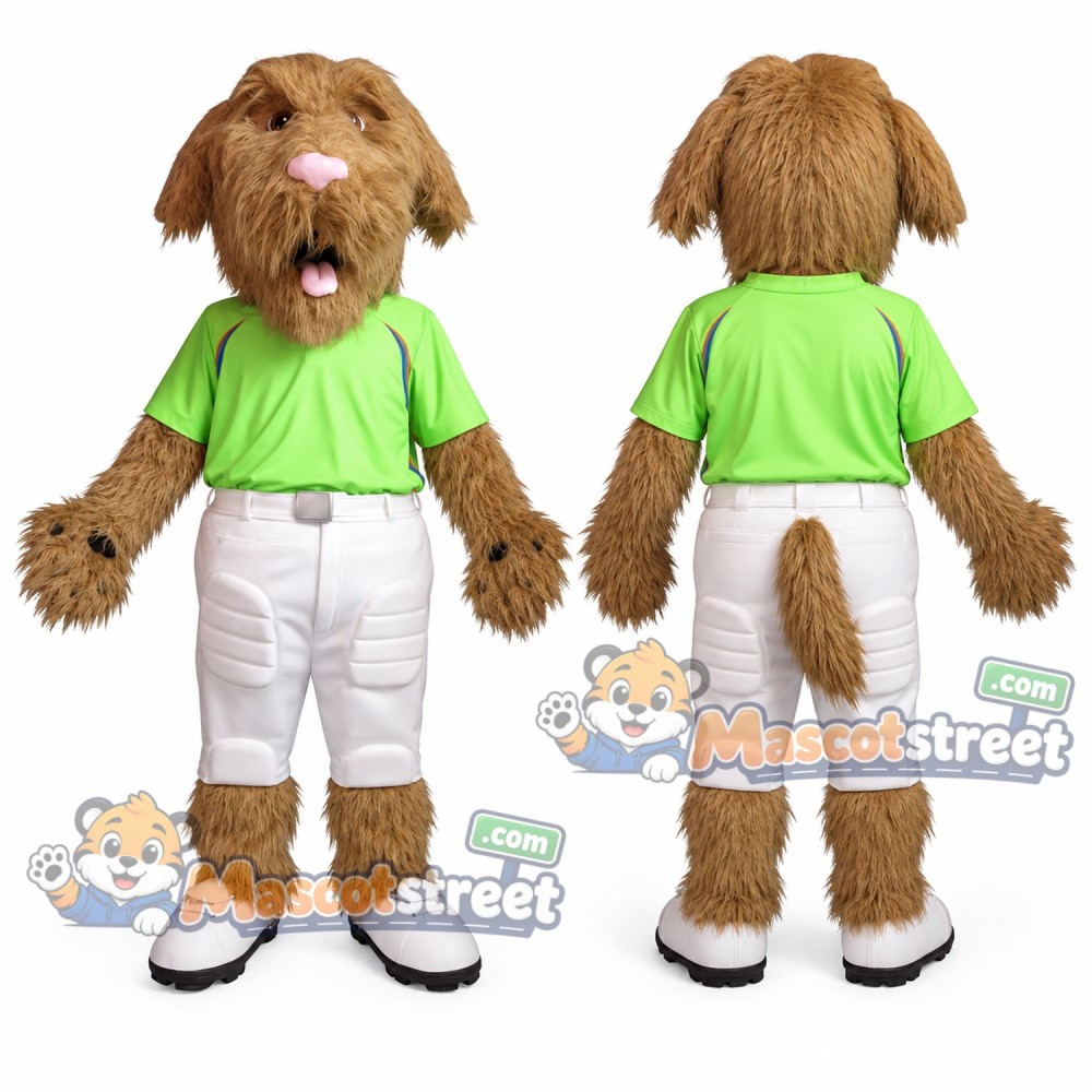 Brown Dog Mascot Costume with Green Shirt and White Pants Brown Dog Mascot Costume with Green Shirt and White Pants