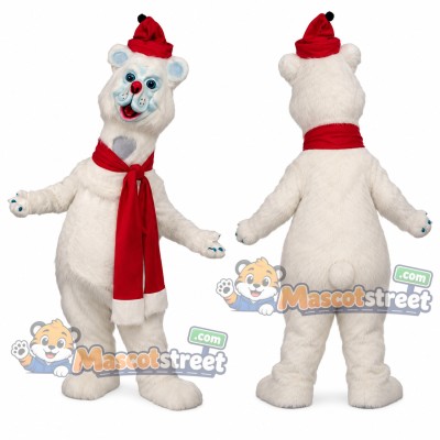 Polar Bear Mascot Costume with Red Scarf and Santa Hat Polar Bear Mascot Costume with Red Scarf and Santa Hat